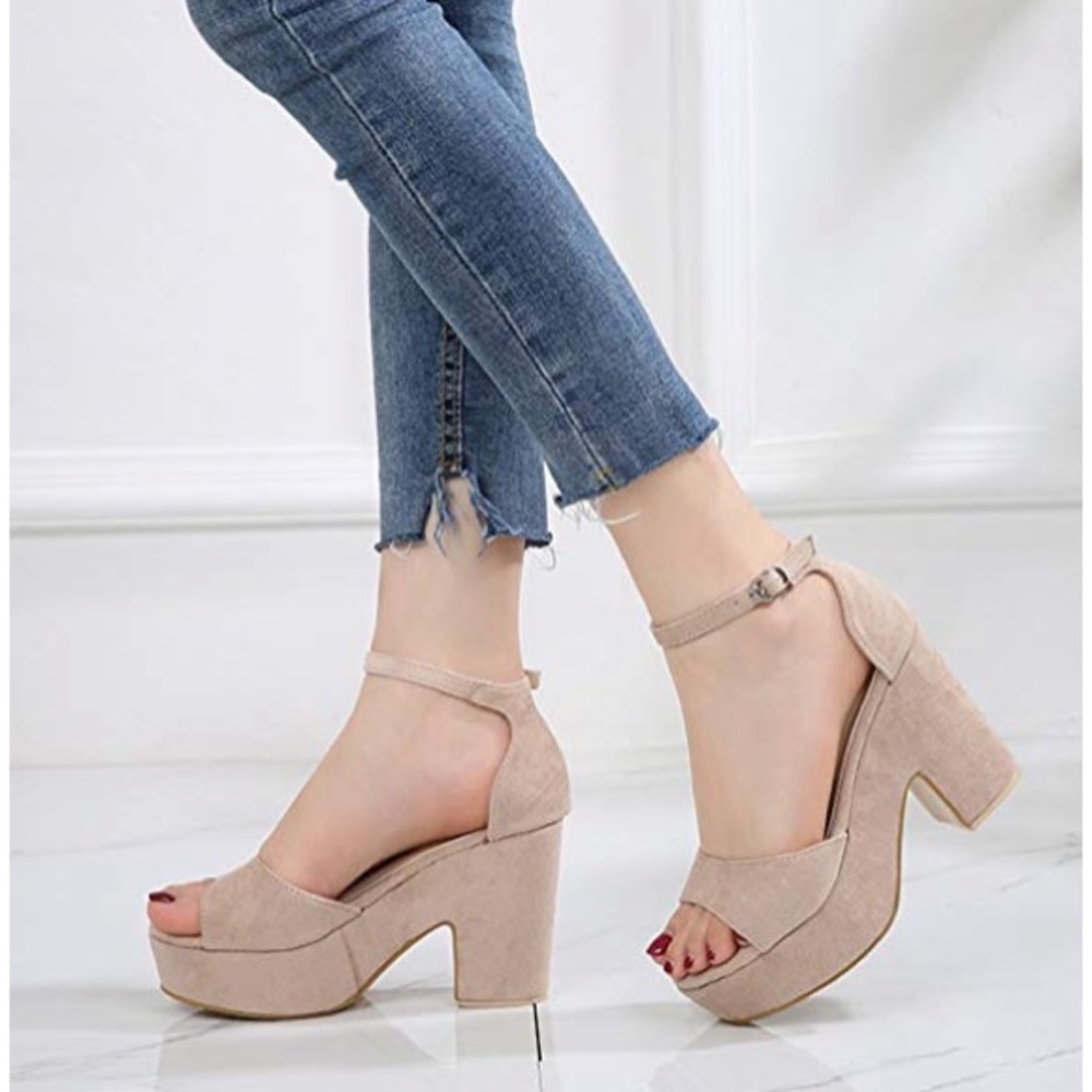 Beige Chunky Heel Ankle Strap Platform Sandals